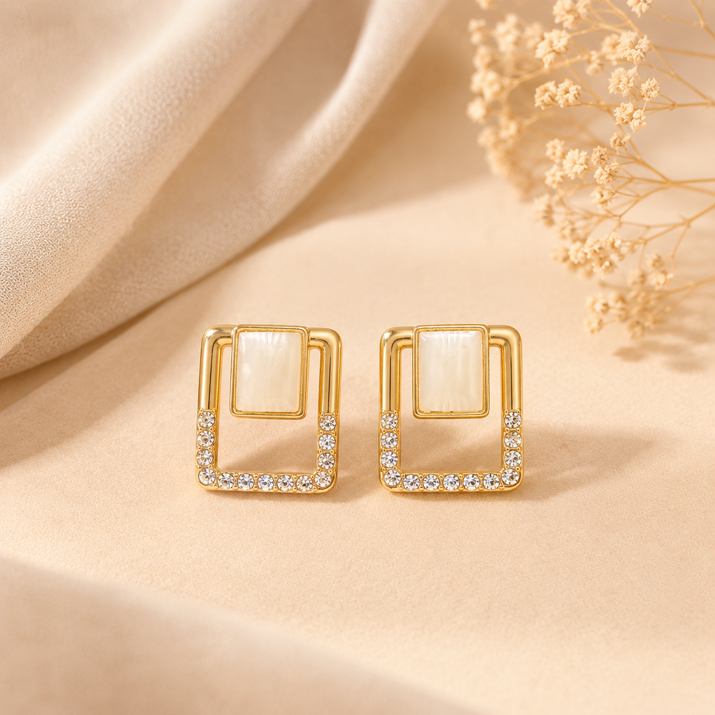 Golden Geometric Crystal Inset Drop Earrings
