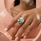 Gilded Azure Enamel & Pearl Statement Ring