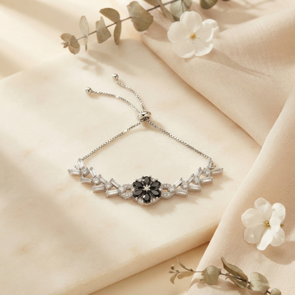 Black Floral Cluster & Baguette Silver-Tone Slider Bracelet
