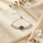 Black Floral Cluster & Baguette Silver-Tone Slider Bracelet