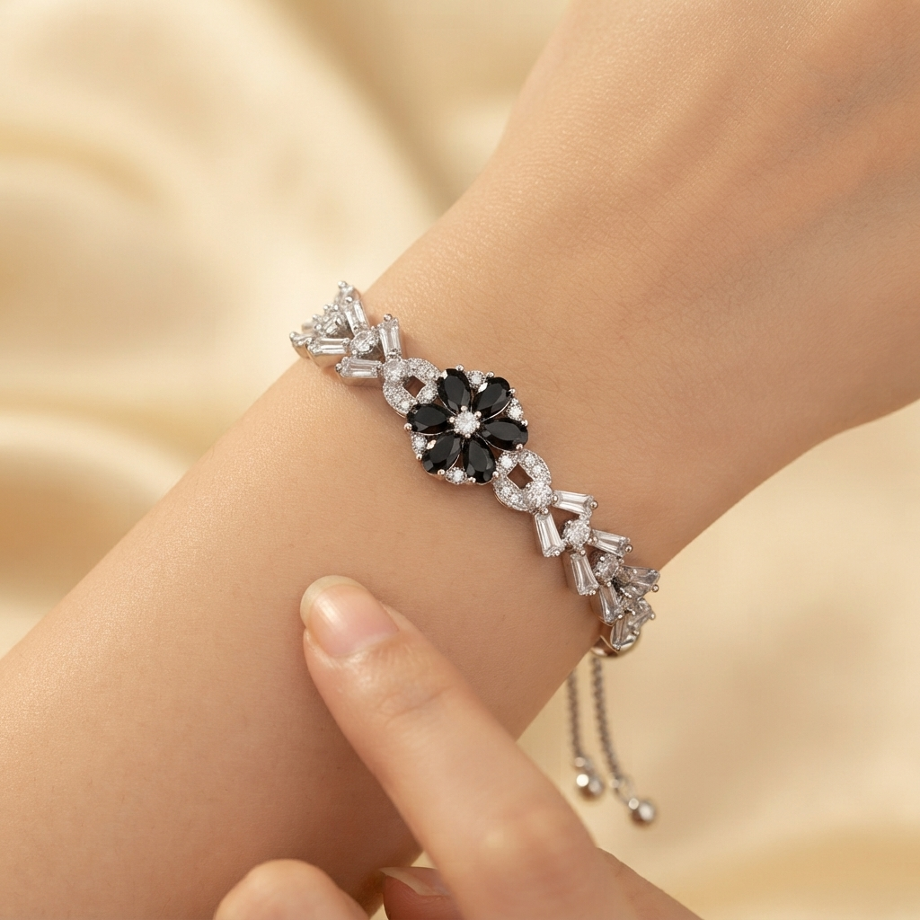 Black Floral Cluster & Baguette Silver-Tone Slider Bracelet