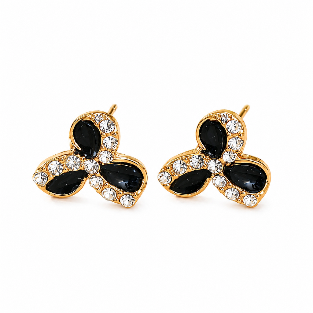 Black Onyx & Crystal Trefoil Gold Stud Earrings