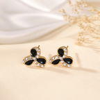 Black Onyx & Crystal Trefoil Gold Stud Earrings