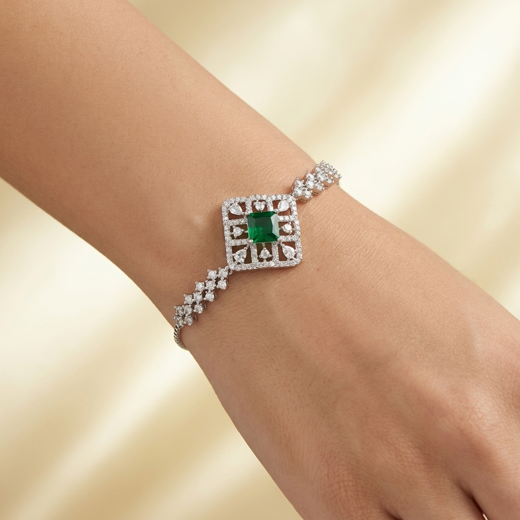 Emerald-Cut & Pave Lattice Silver Tone Bracelet