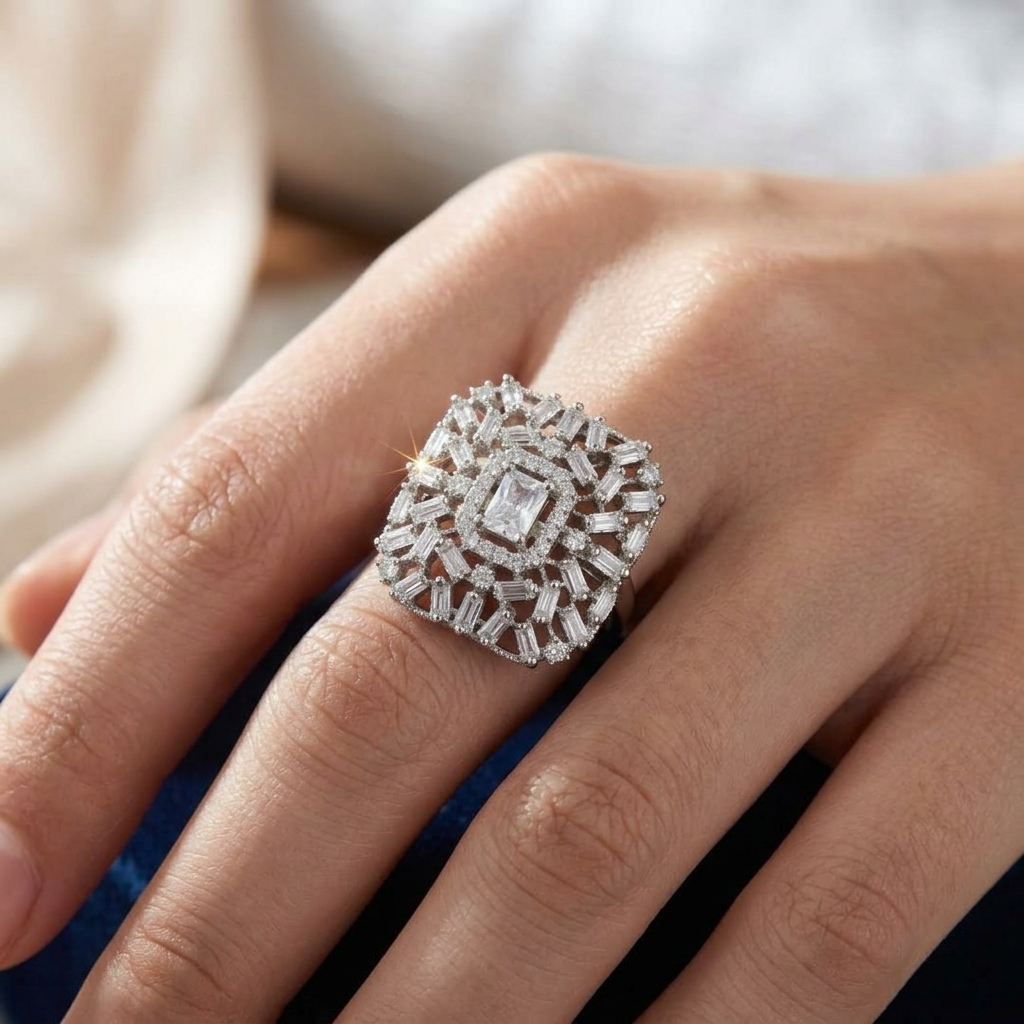 Emerald and Baguette Diamond Art Deco Statement Ring