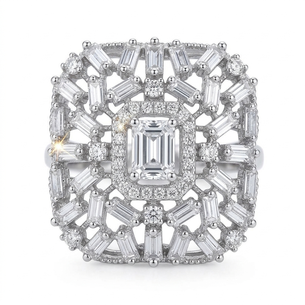 Emerald and Baguette Diamond Art Deco Statement Ring