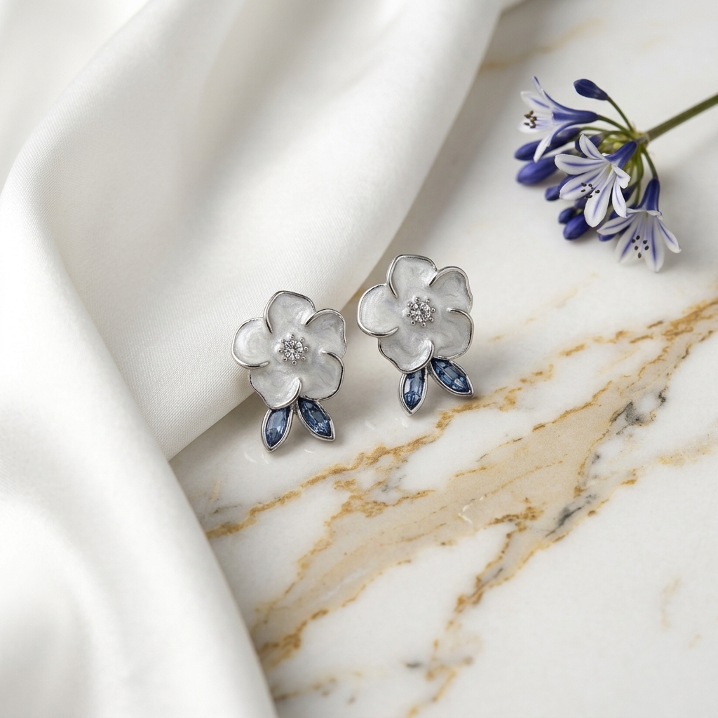 Enamel Magnolia Studs with Sapphire Accents