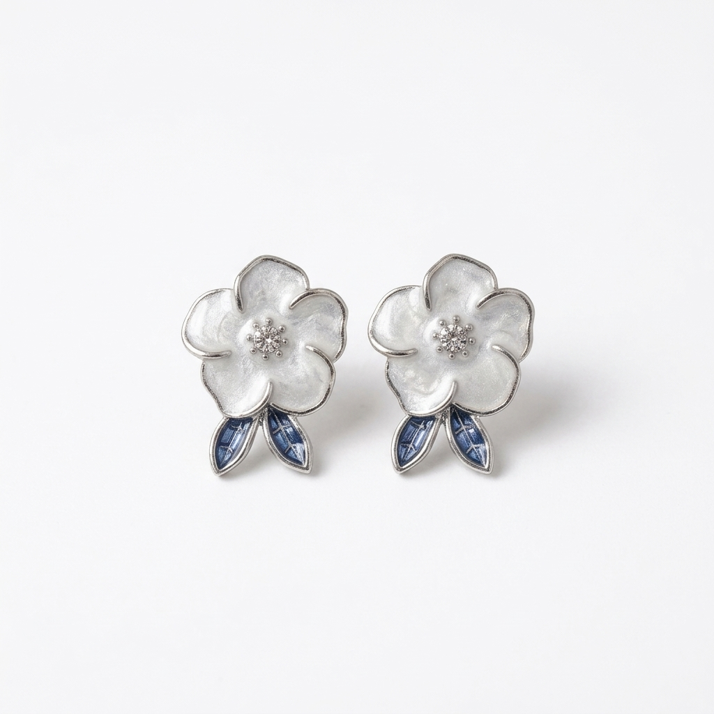 Enamel Magnolia Studs with Sapphire Accents