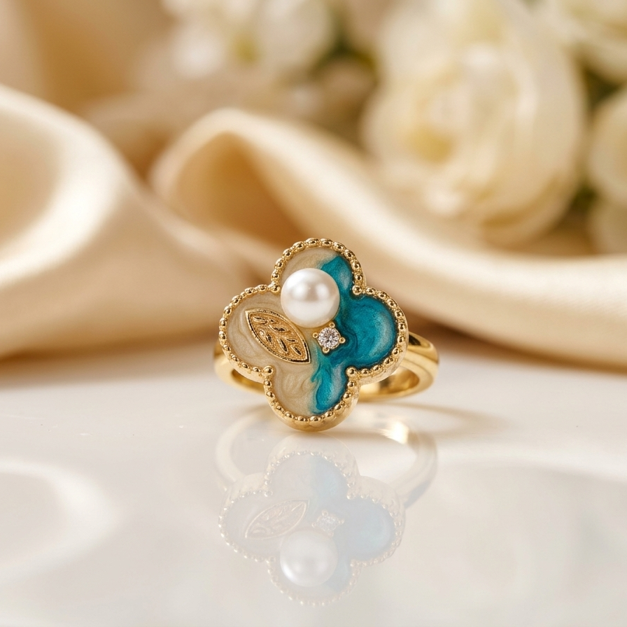 Ethereal Blue Clover & Pearl Gold Ring