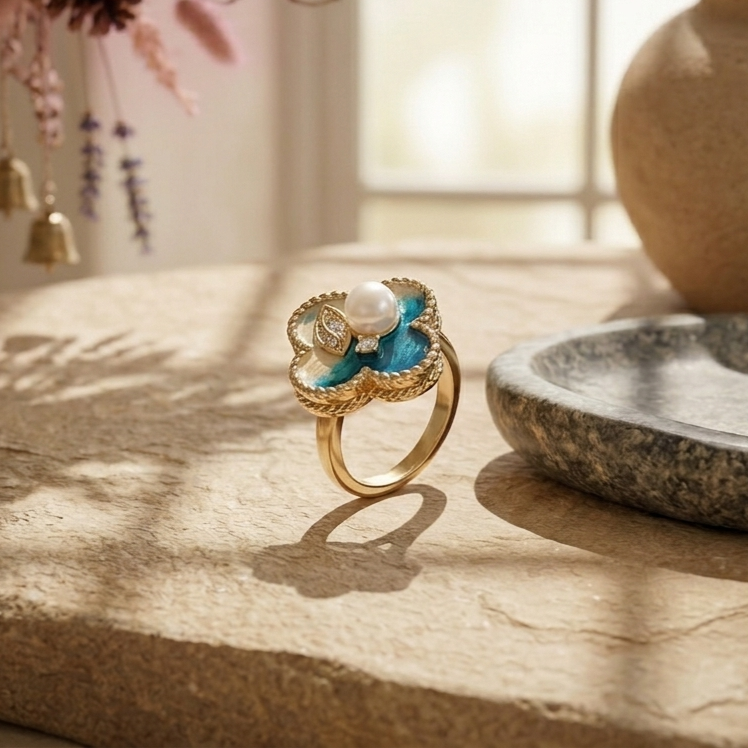 Ethereal Blue Clover & Pearl Gold Ring