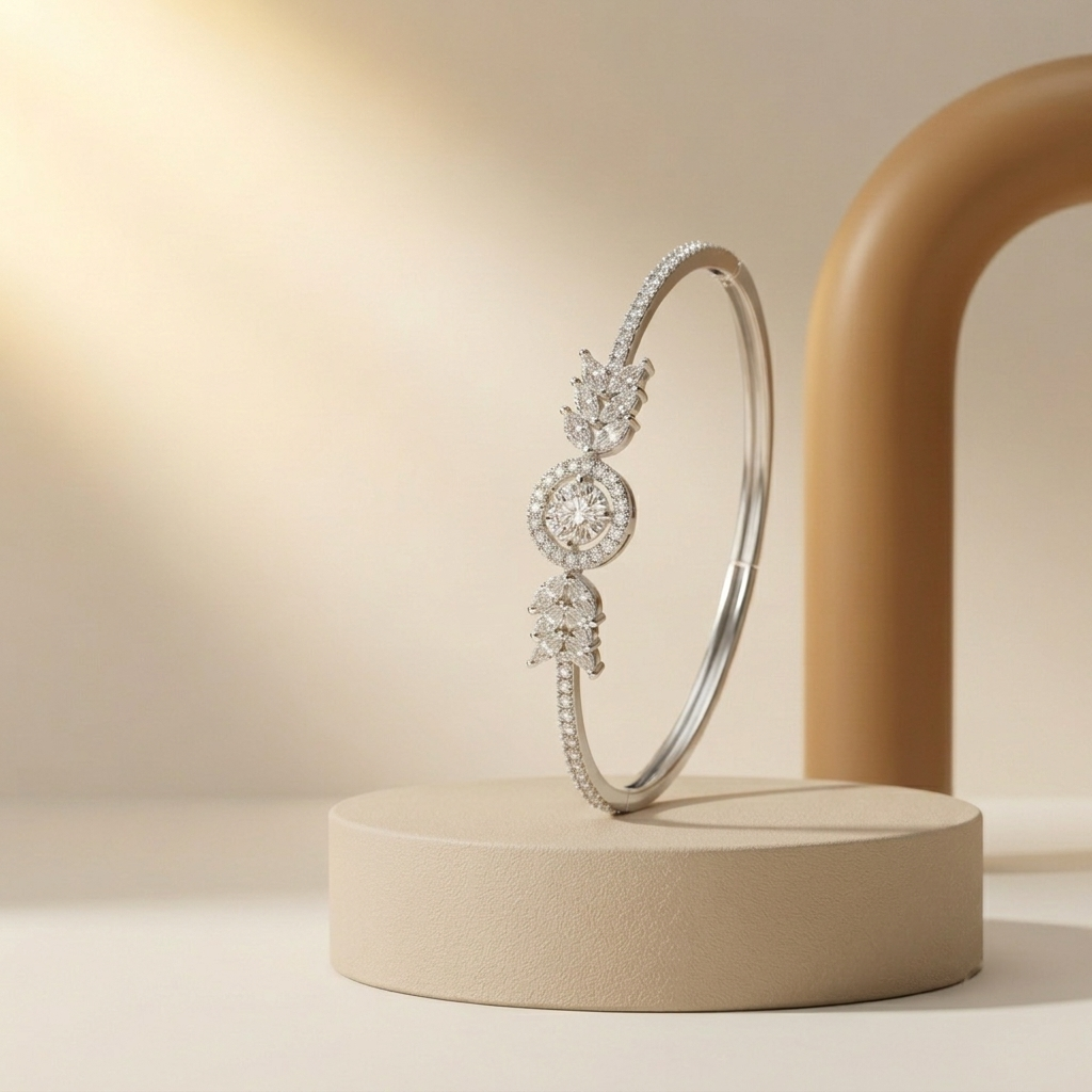 Ethereal Leaf & Pave Medallion Silver-Tone Bangle
