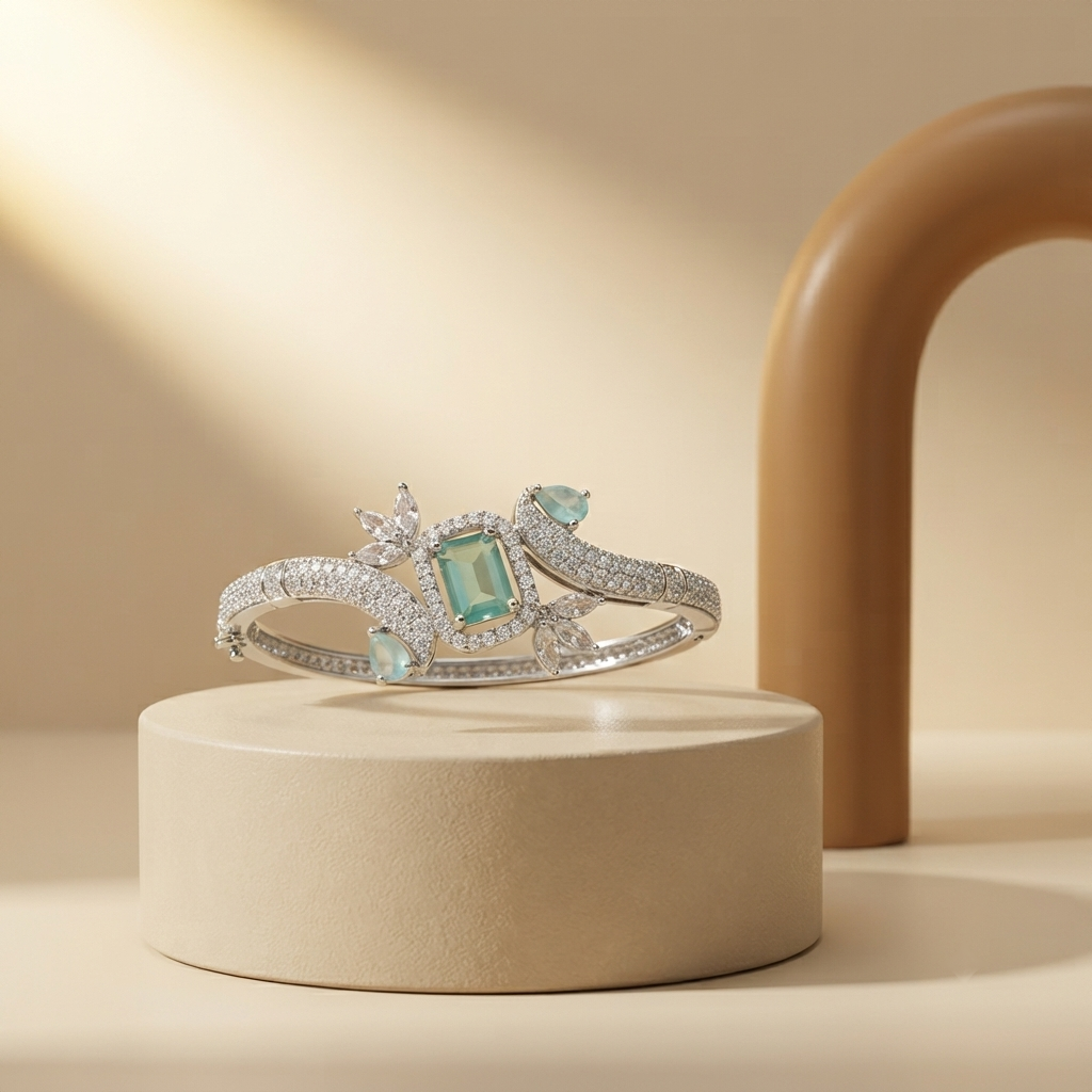 Exquisite Aqua-Green Stone & Pave Swirl Silver-Tone Bracelet