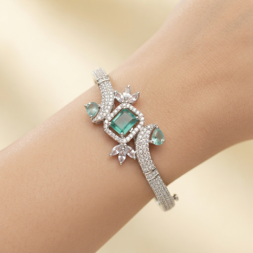 Exquisite Aqua-Green Stone & Pave Swirl Silver-Tone Bracelet