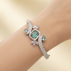 Exquisite Aqua-Green Stone & Pave Swirl Silver-Tone Bracelet
