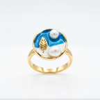 Gilded Azure Enamel & Pearl Statement Ring