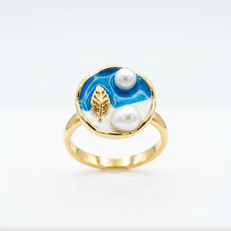 Gilded Azure Enamel & Pearl Statement Ring