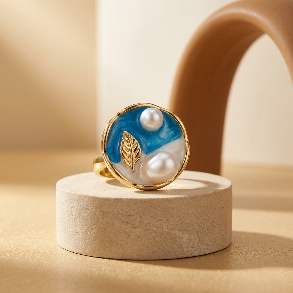 Gilded Azure Enamel & Pearl Statement Ring