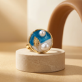 Gilded Azure Enamel & Pearl Statement Ring