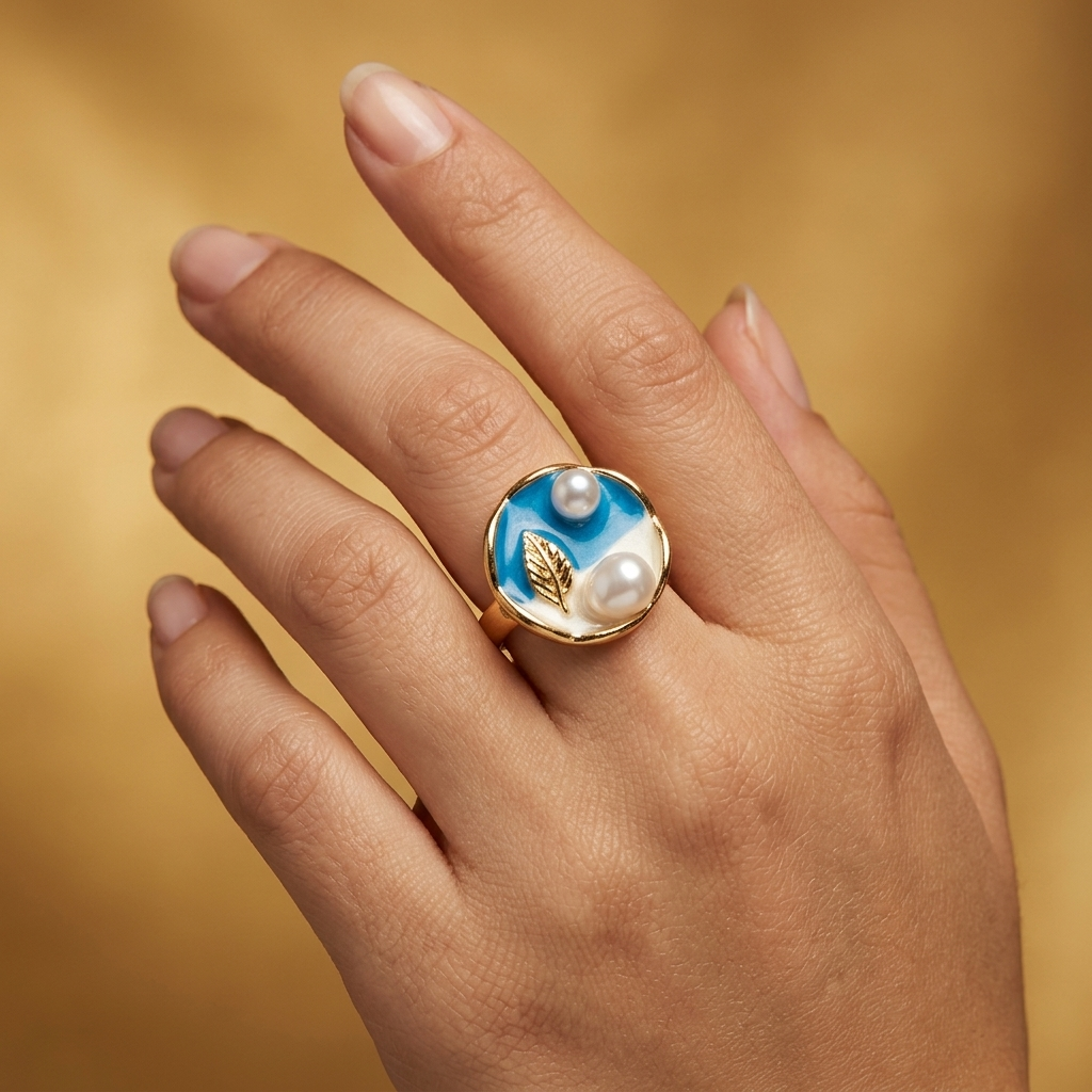 Gilded Azure Enamel & Pearl Statement Ring