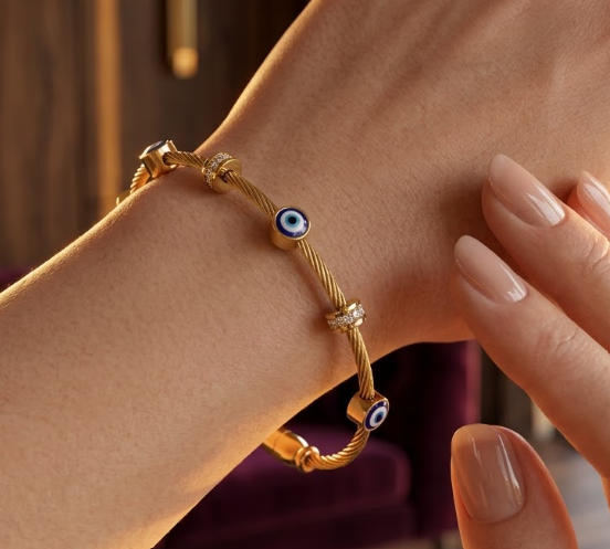 Gold Evil Eye Cable Cuff Bracelet