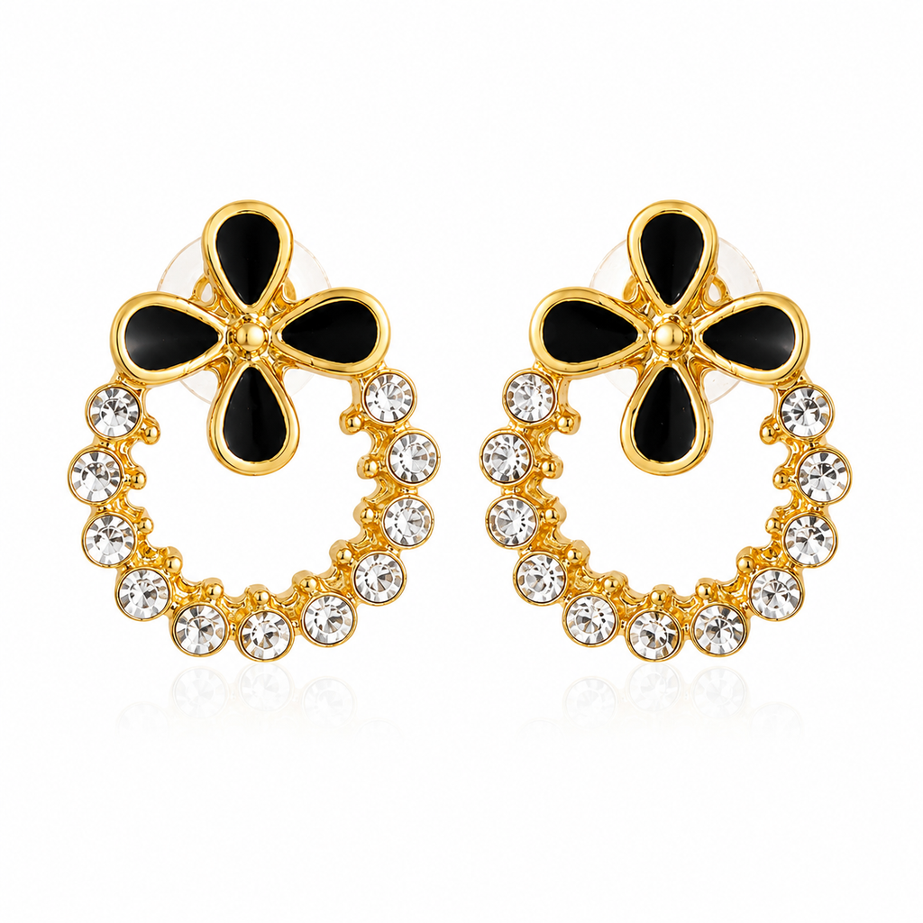 Black Floral Enamel and Crystal Hoop Earrings