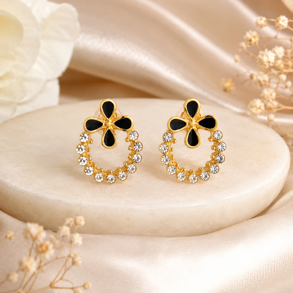 Black Floral Enamel and Crystal Hoop Earrings