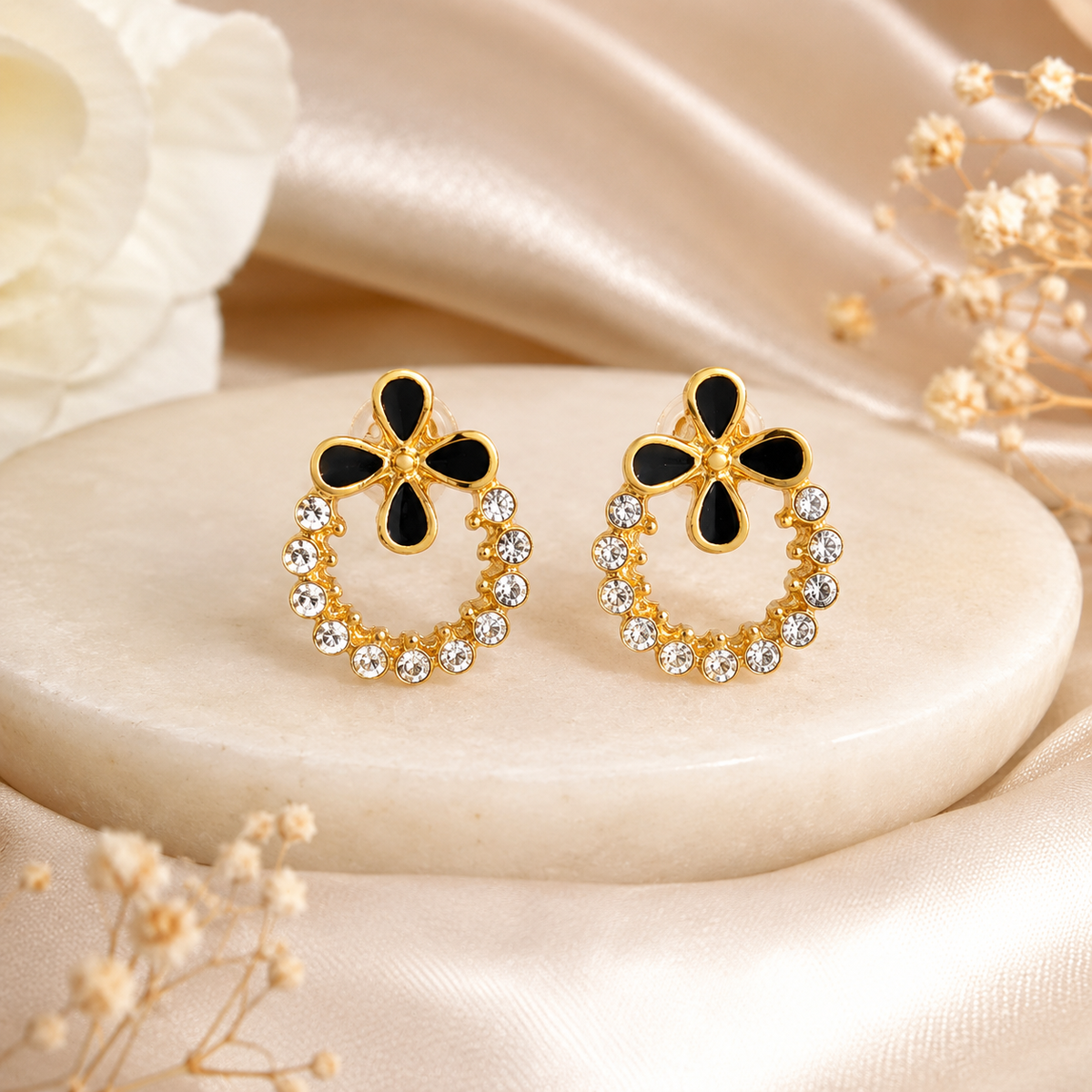 Black Floral Enamel and Crystal Hoop Earrings