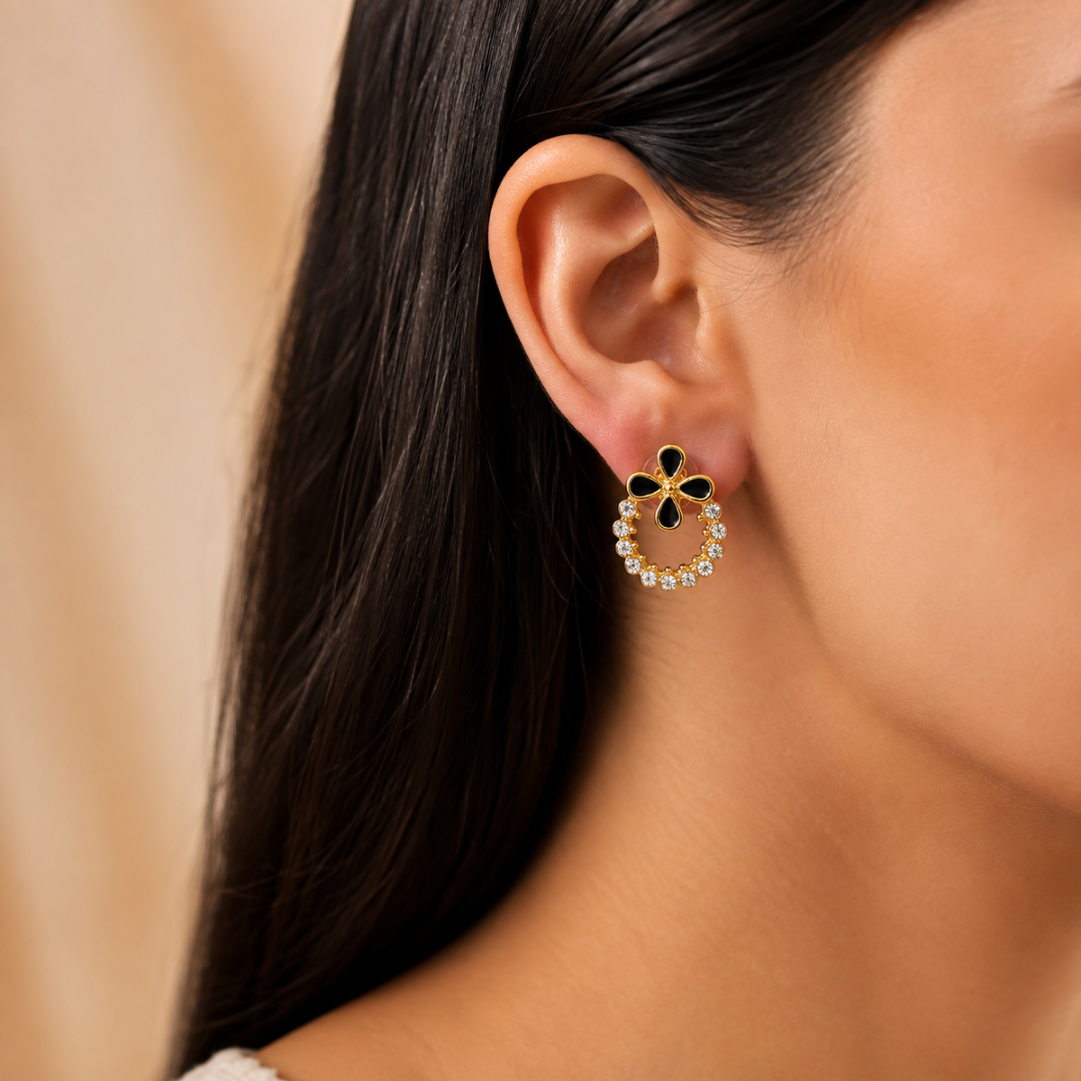 Black Floral Enamel and Crystal Hoop Earrings