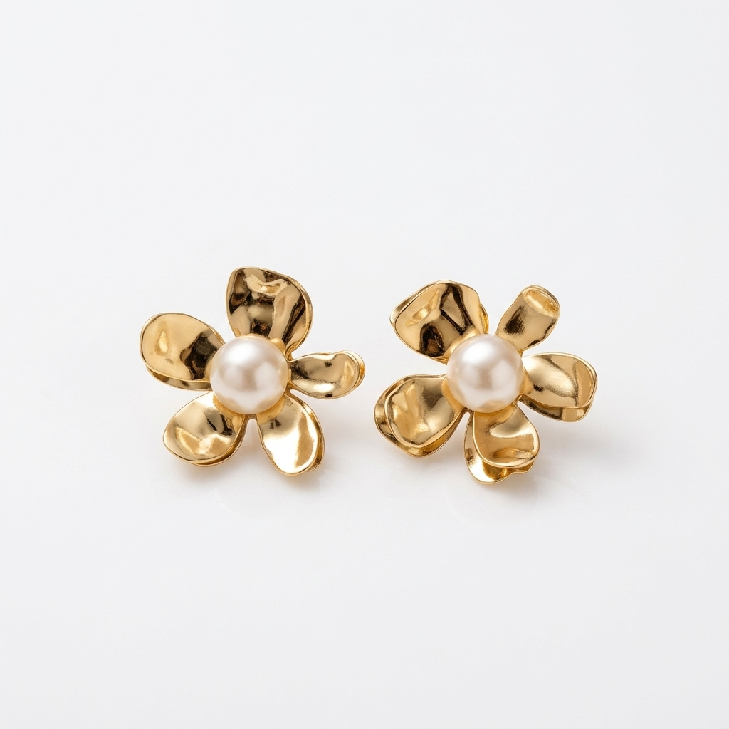 Golden Bloom Pearl Stud Earrings
