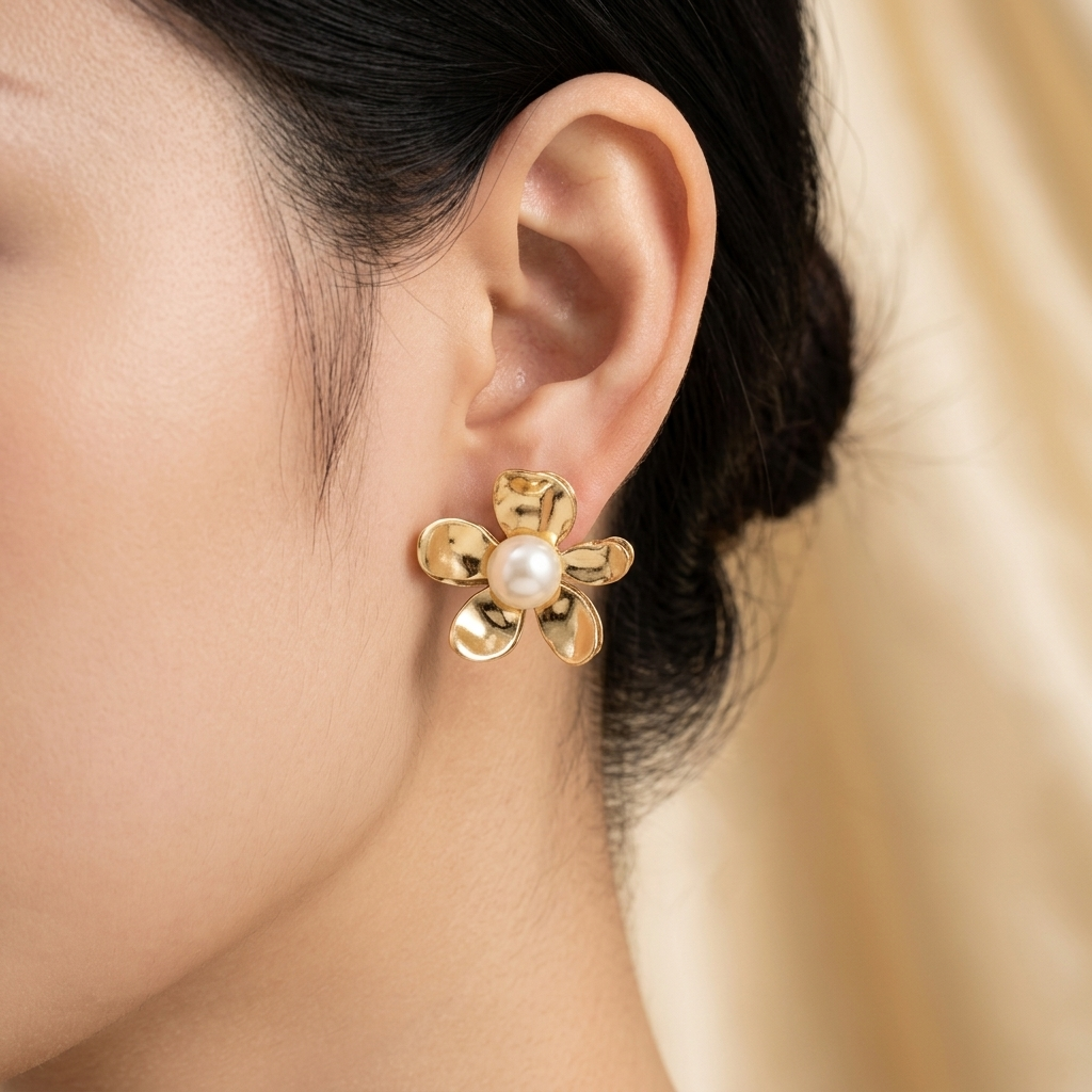 Golden Bloom Pearl Stud Earrings