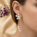 Golden Floral Pearl Tassel Earrings