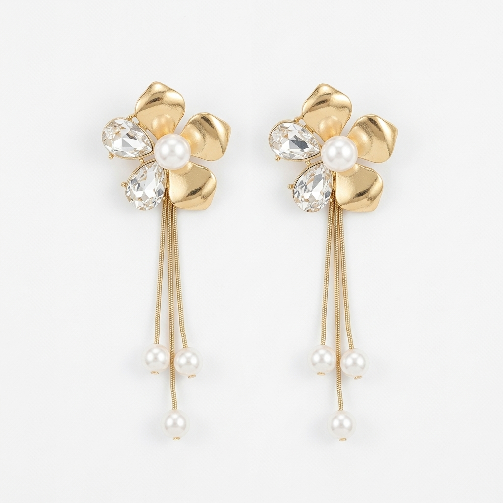 Golden Floral Pearl Tassel Earrings