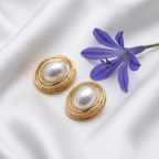 Golden Nest Oval Pearl Earrings