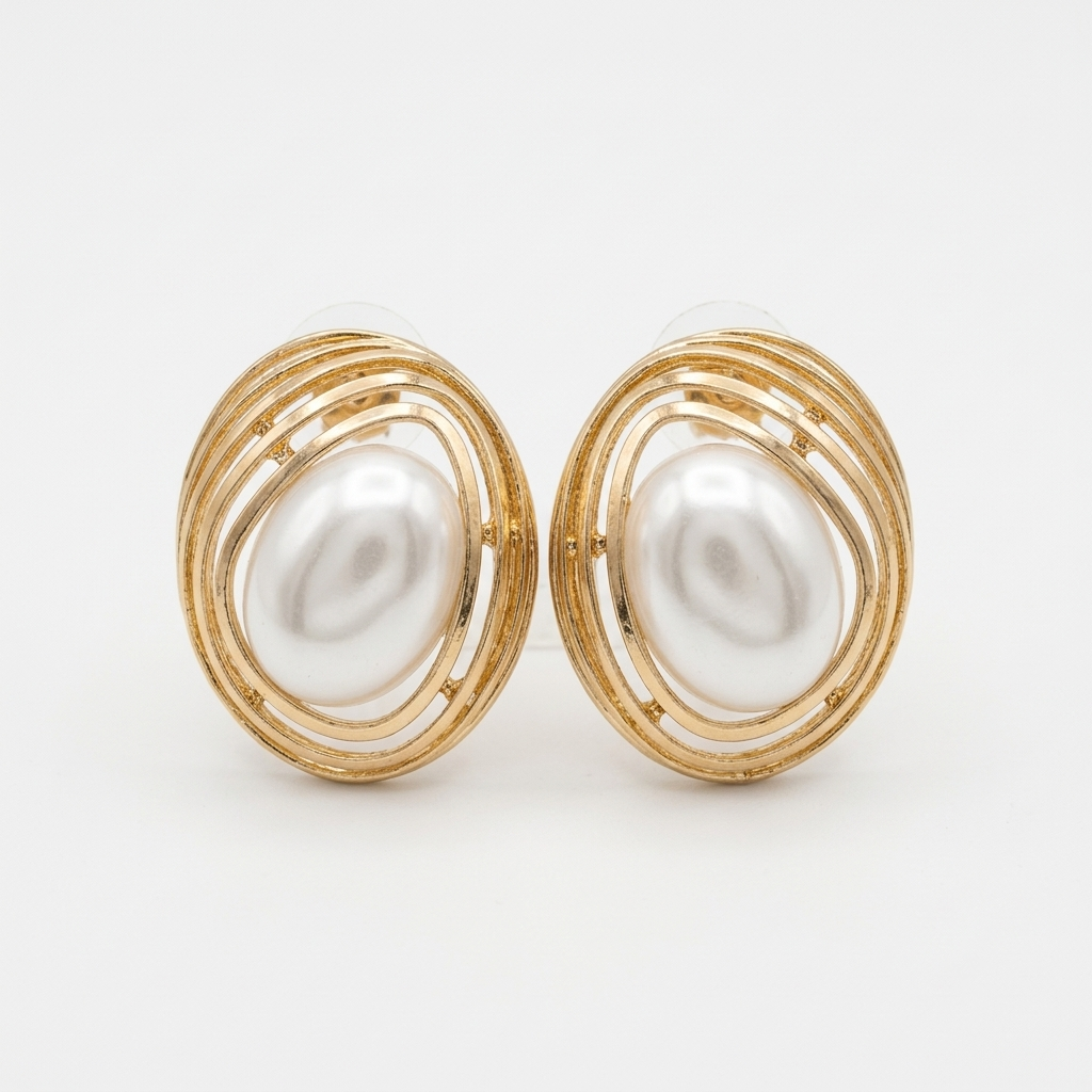 Golden Nest Oval Pearl Earrings