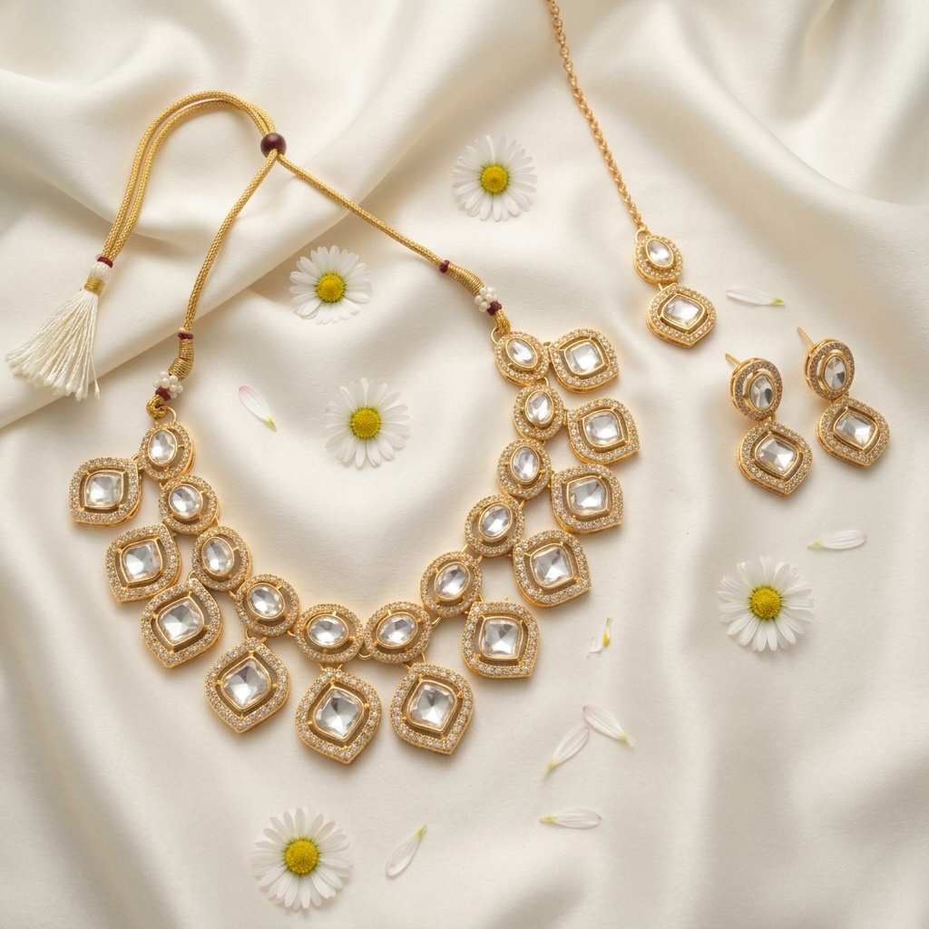 Kundan Polki Diamond Cut Choker Necklace Set with Maangtika