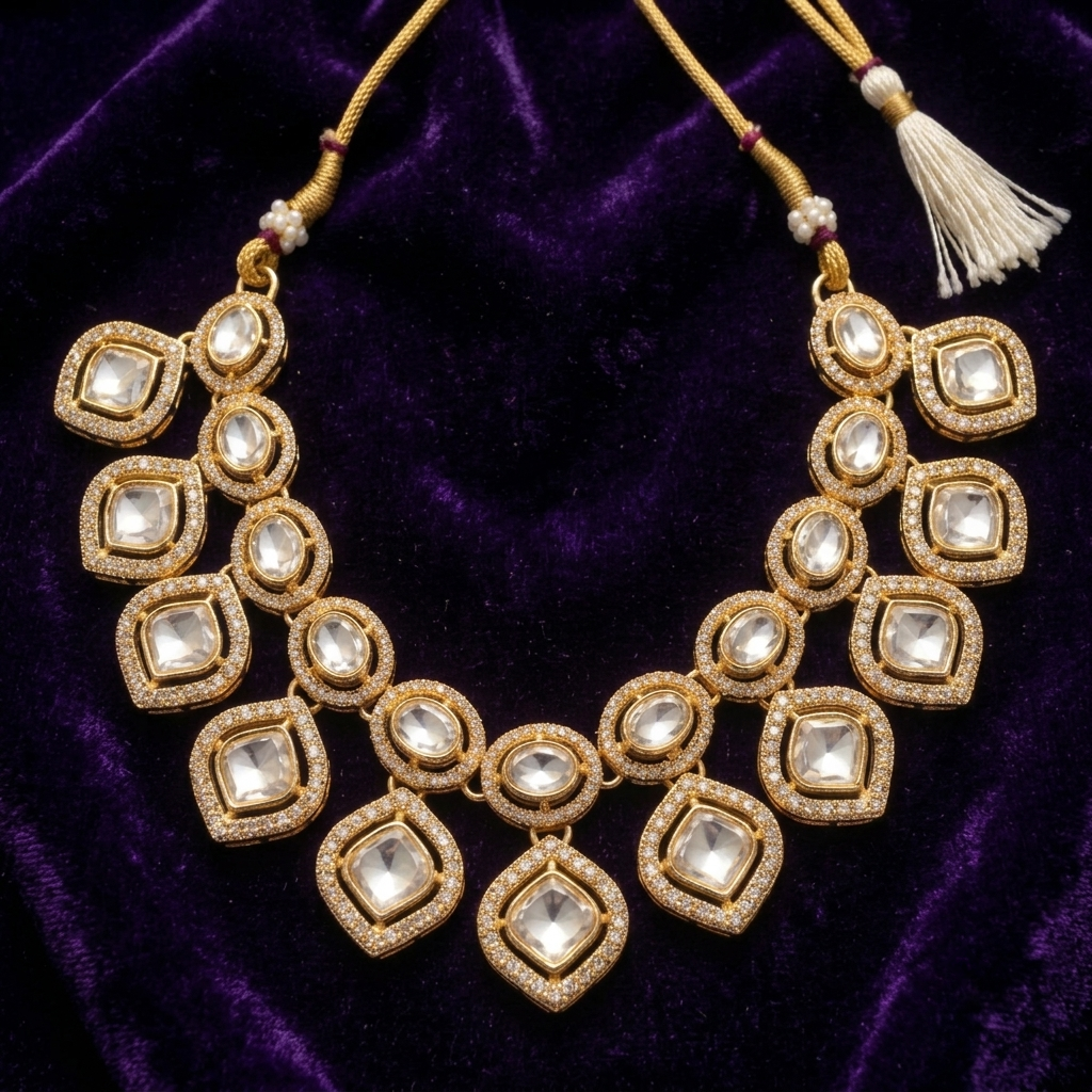 Kundan Polki Diamond Cut Choker Necklace Set with Maangtika