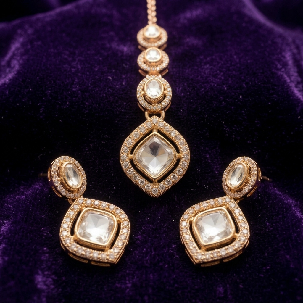 Kundan Polki Diamond Cut Choker Necklace Set with Maangtika