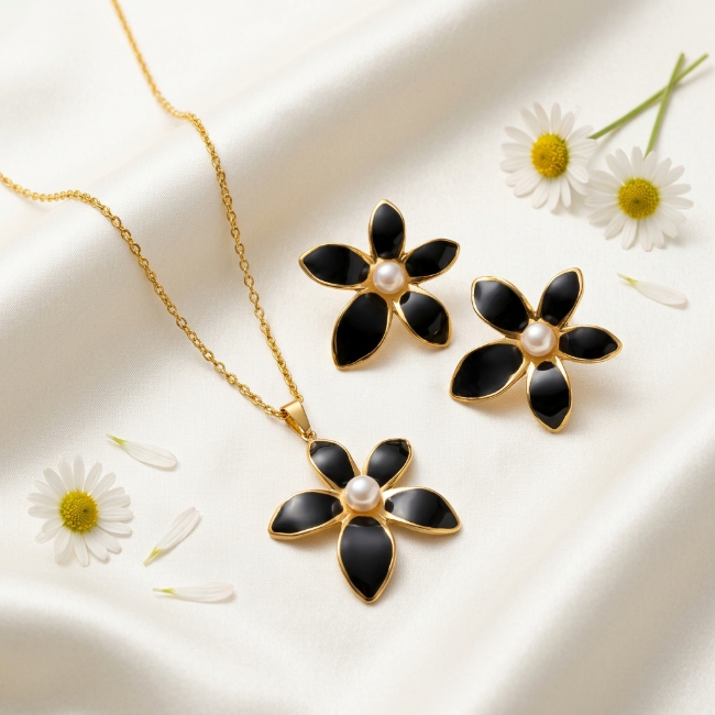Midnight Daisy Pearl Jewelry Set