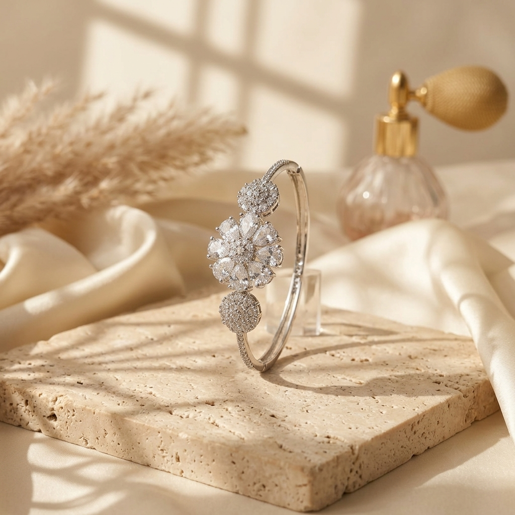 Radiant Floral Cluster Silver-Tone Bangle Bracelet
