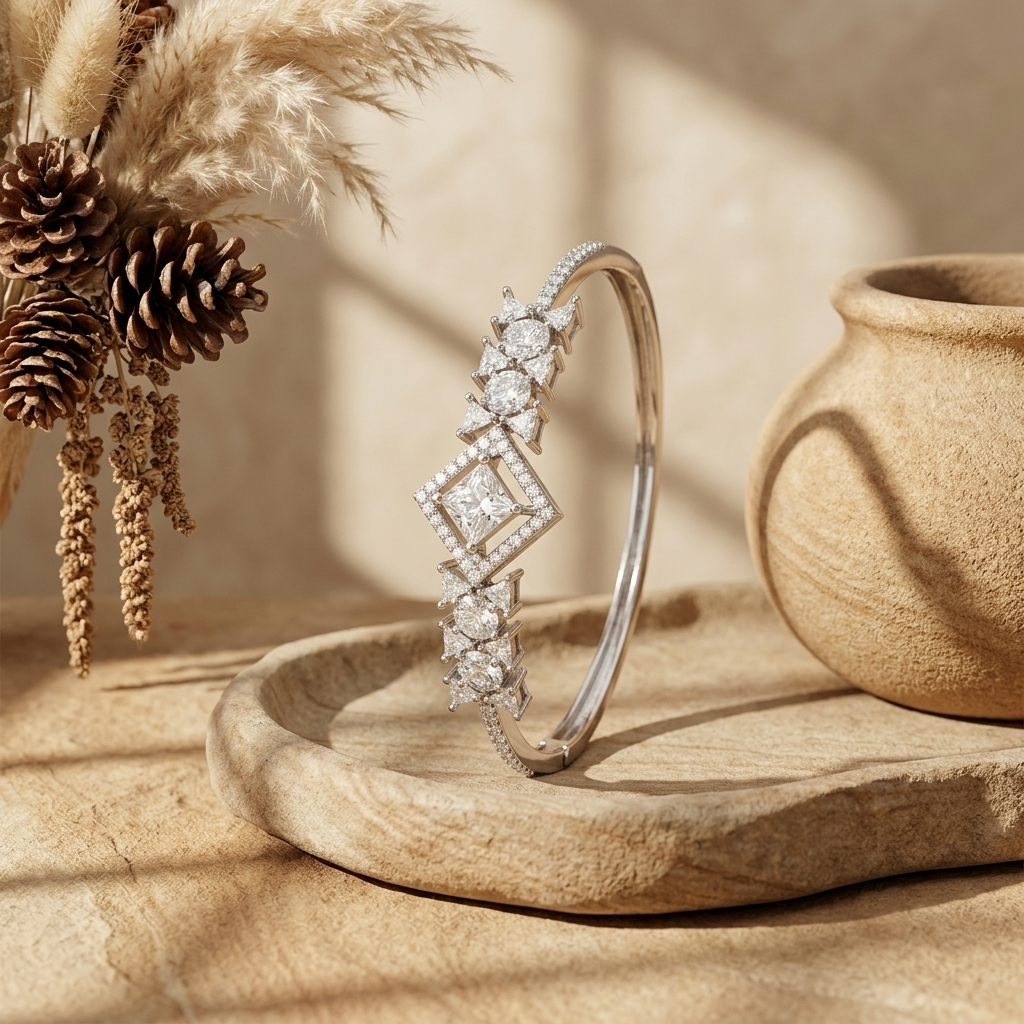 Radiant Geometric Diamond-Cut Crystal Silver Bracelet