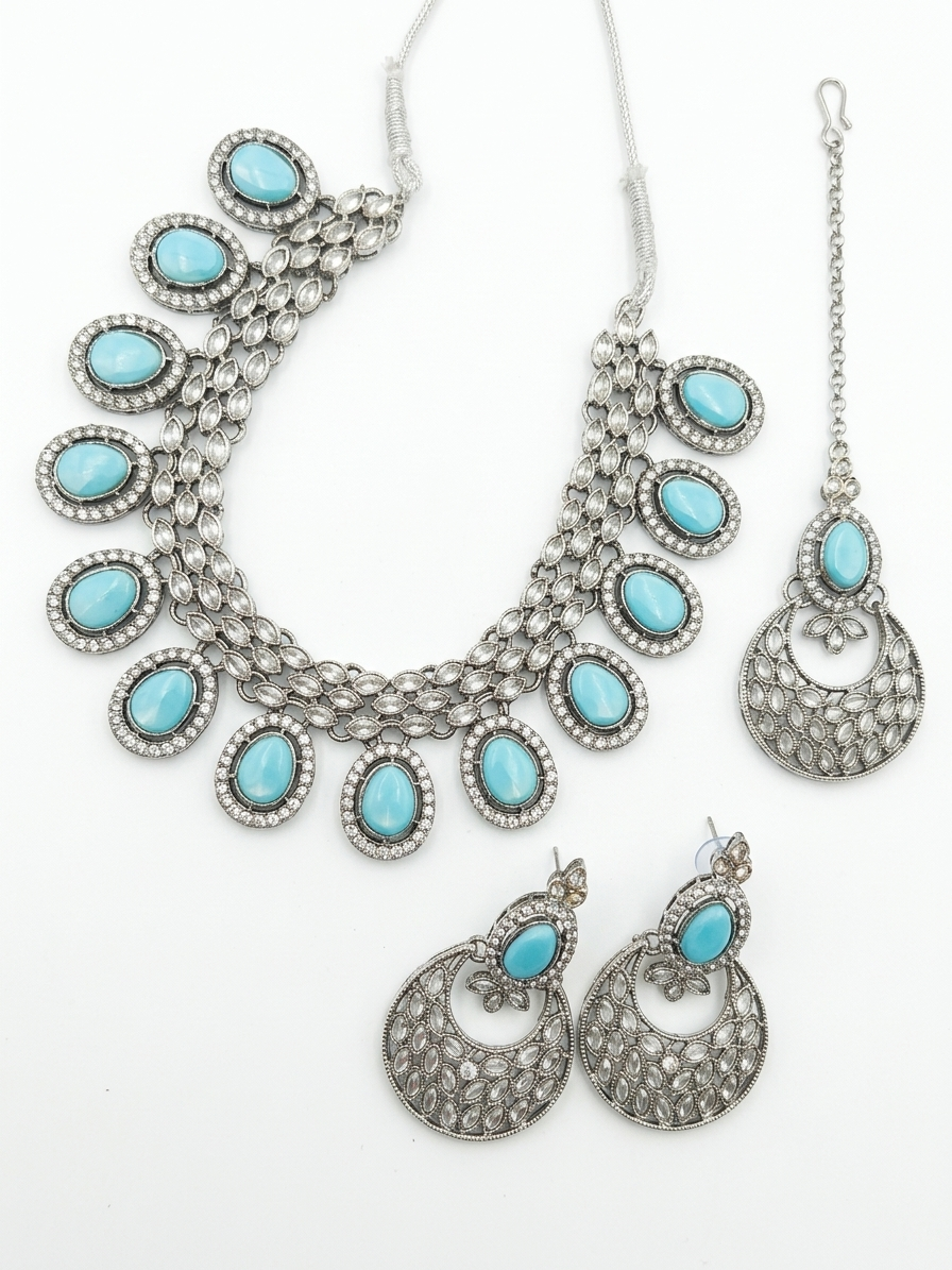 Royal Turquoise & Silver Oxidized Necklace Set