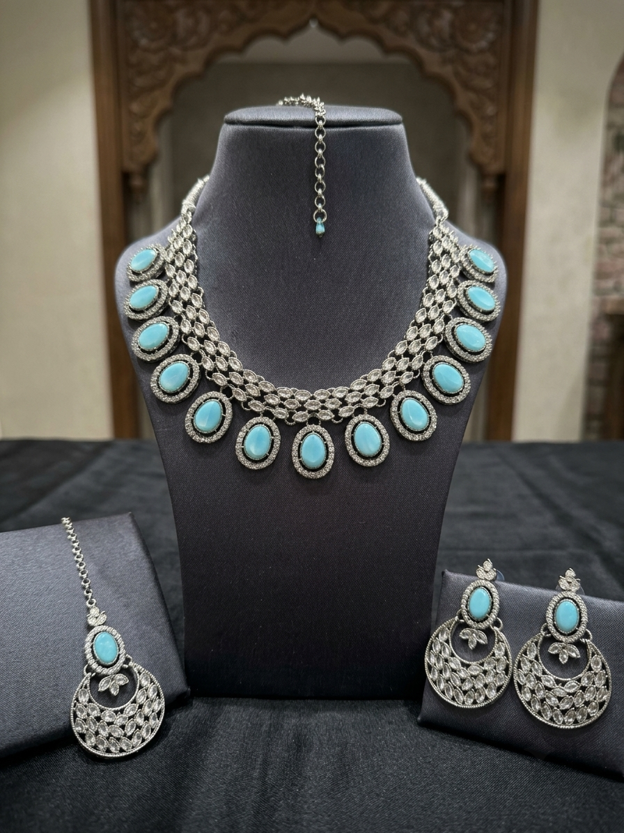 Royal Turquoise & Silver Oxidized Necklace Set