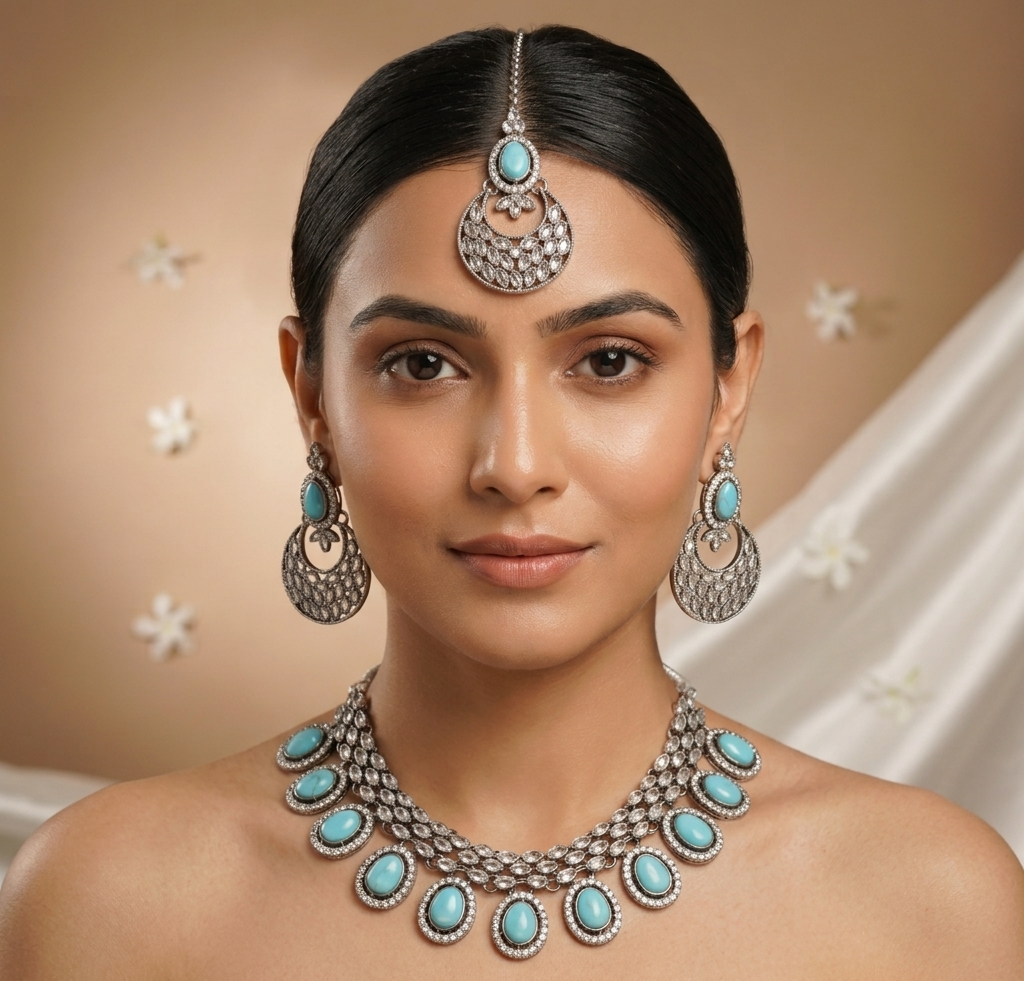 Royal Turquoise & Silver Oxidized Necklace Set