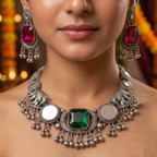 Statement Oxidised Silver Mirror & Elephant Motif Choker Necklace