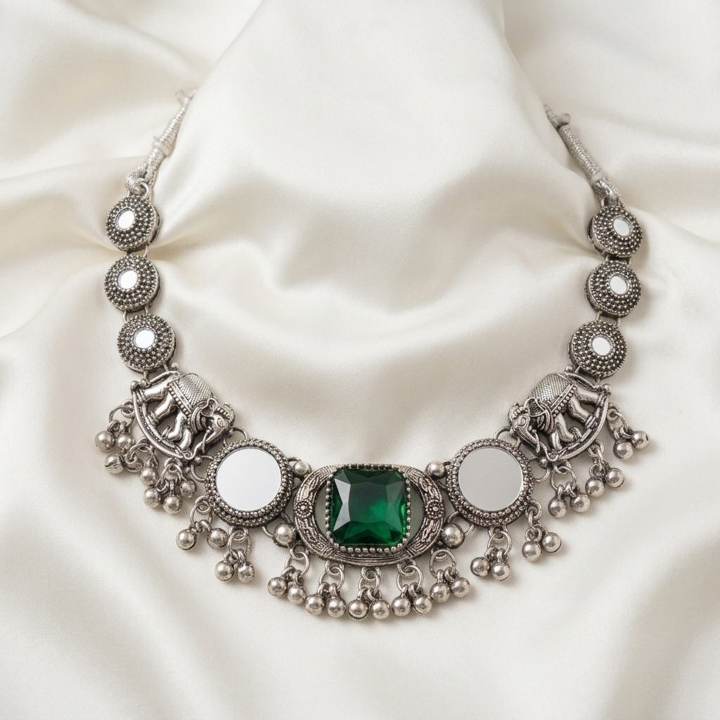 Statement Oxidised Silver Mirror & Elephant Motif Choker Necklace