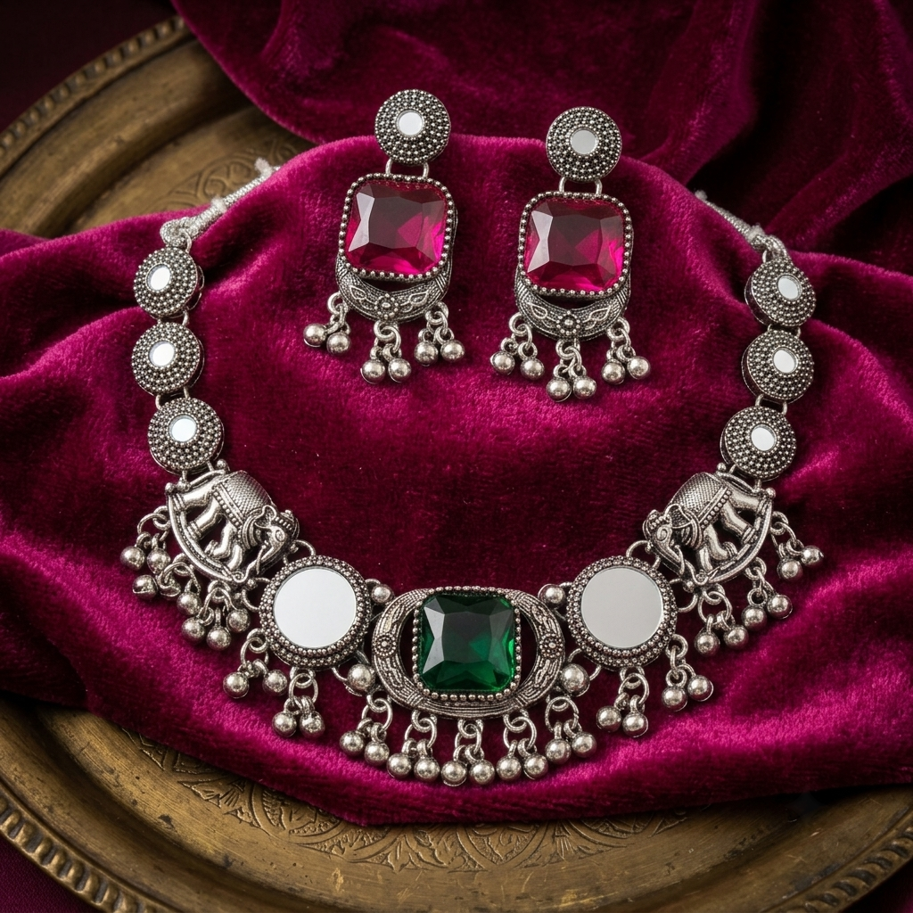 Statement Oxidised Silver Mirror & Elephant Motif Choker Necklace