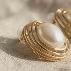 Golden Nest Oval Pearl Earrings